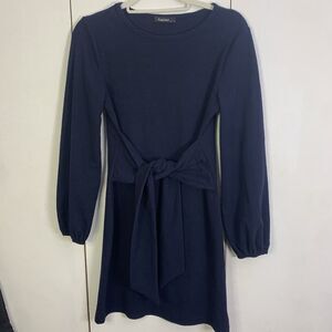 Women's Blue Lantern Sleeve Round Neck Tie Front Dress SZ S